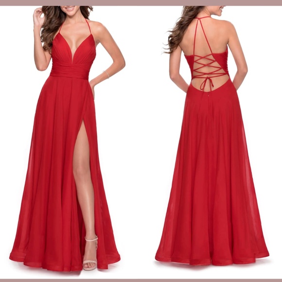 NWT $398 La Femme [ 12 ] Strappy Back Chiffon Gown in‎ Red